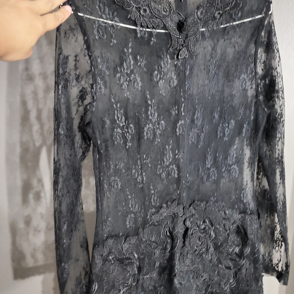 Black lace long sleeve mini dress sheer at top and